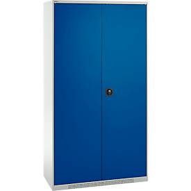 Schäfer Shop Genius Materialschrank FS, 5 OH, abschließbar, 4 Fachböden/12 Schübe, bis 450 kg, B 1055 x T 520 x H 1950 mm, Stahl, lichtgrau/enzianblau