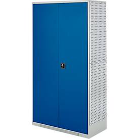 Schäfer Shop Genius Materialschrank FS, 5 OH, abschließbar, 4 Fachböden/12 Schübe, bis 450 kg, B 1055 x T 520 x H 1950 mm, Stahl, lichtgrau/enzianblau