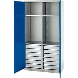 Schäfer Shop Genius Materialschrank FS, 5 OH, abschließbar, 4 Fachböden/12 Schübe, bis 450 kg, B 1055 x T 520 x H 1950 mm, Stahl, lichtgrau/enzianblau