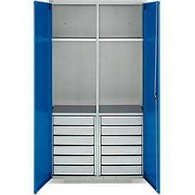 Schäfer Shop Genius Materialschrank FS, 5 OH, abschließbar, 4 Fachböden/12 Schübe, bis 450 kg, B 1055 x T 520 x H 1950 mm, Stahl, lichtgrau/enzianblau