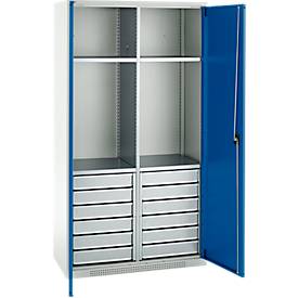 Schäfer Shop Genius Materialschrank FS, 5 OH, abschließbar, 4 Fachböden/12 Schübe, bis 450 kg, B 1055 x T 520 x H 1950 mm, Stahl, lichtgrau/enzianblau