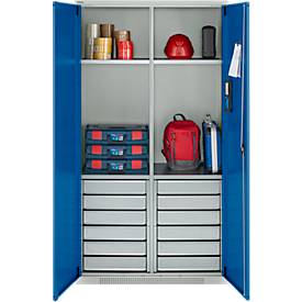 Schäfer Shop Genius Materialschrank FS, 5 OH, abschließbar, 4 Fachböden/12 Schübe, bis 450 kg, B 1055 x T 520 x H 1950 mm, Stahl, lichtgrau/enzianblau