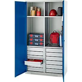 Schäfer Shop Genius Materialschrank FS, 5 OH, abschließbar, 4 Fachböden/12 Schübe, bis 450 kg, B 1055 x T 520 x H 1950 mm, Stahl, lichtgrau/enzianblau