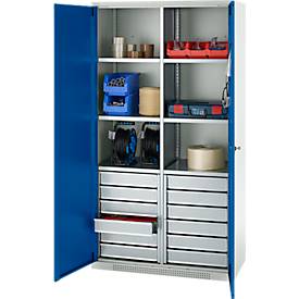 Schäfer Shop Genius Materialschrank FS, 5 OH, abschließbar, 4 Fachböden/12 Schübe, bis 450 kg, B 1055 x T 520 x H 1950 mm, Stahl, lichtgrau/enzianblau