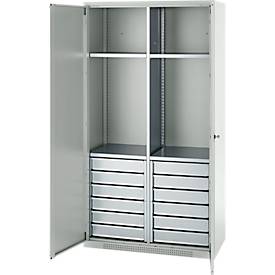Schäfer Shop Genius Materialschrank FS, 5 OH, abschließbar, 4 Fachböden/12 Schübe, bis 450 kg, B 1055 x T 520 x H 1950 mm, Stahl, lichtgrau/lichtgrau