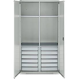 Schäfer Shop Genius Materialschrank FS, 5 OH, abschließbar, 4 Fachböden/12 Schübe, bis 450 kg, B 1055 x T 520 x H 1950 mm, Stahl, lichtgrau/lichtgrau