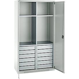 Schäfer Shop Genius Materialschrank FS, 5 OH, abschließbar, 4 Fachböden/12 Schübe, bis 450 kg, B 1055 x T 520 x H 1950 mm, Stahl, lichtgrau/lichtgrau