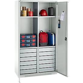 Schäfer Shop Genius Materialschrank FS, 5 OH, abschließbar, 4 Fachböden/12 Schübe, bis 450 kg, B 1055 x T 520 x H 1950 mm, Stahl, lichtgrau/lichtgrau