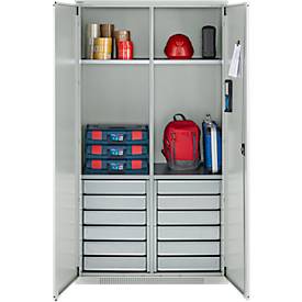 Schäfer Shop Genius Materialschrank FS, 5 OH, abschließbar, 4 Fachböden/12 Schübe, bis 450 kg, B 1055 x T 520 x H 1950 mm, Stahl, lichtgrau/lichtgrau