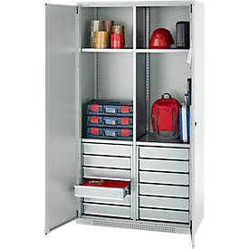 Schäfer Shop Genius Materialschrank FS, 5 OH, abschließbar, 4 Fachböden/12 Schübe, bis 450 kg, B 1055 x T 520 x H 1950 mm, Stahl, lichtgrau/lichtgrau