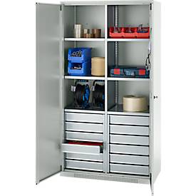 Schäfer Shop Genius Materialschrank FS, 5 OH, abschließbar, 4 Fachböden/12 Schübe, bis 450 kg, B 1055 x T 520 x H 1950 mm, Stahl, lichtgrau/lichtgrau
