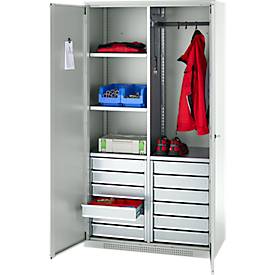 Schäfer Shop Genius Materialschrank FS, 5 OH, abschließbar, 4 Fachböden/12 Schübe, bis 450 kg, B 1055 x T 520 x H 1950 mm, Stahl, lichtgrau/lichtgrau