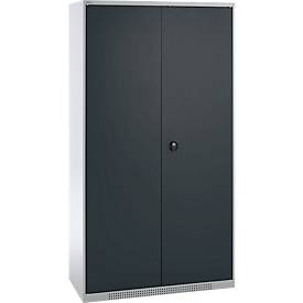 Schäfer Shop Genius Materialschrank FS, 5 OH, abschließbar, 4 Fachböden/12 Schübe, bis 450 kg, B 1055 x T 520 x H 1950 mm, Stahl, weißalu/anthrazitgrau