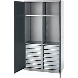 Schäfer Shop Genius Materialschrank FS, 5 OH, abschließbar, 4 Fachböden/12 Schübe, bis 450 kg, B 1055 x T 520 x H 1950 mm, Stahl, weißalu/anthrazitgrau