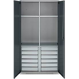 Schäfer Shop Genius Materialschrank FS, 5 OH, abschließbar, 4 Fachböden/12 Schübe, bis 450 kg, B 1055 x T 520 x H 1950 mm, Stahl, weißalu/anthrazitgrau