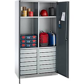 Schäfer Shop Genius Materialschrank FS, 5 OH, abschließbar, 4 Fachböden/12 Schübe, bis 450 kg, B 1055 x T 520 x H 1950 mm, Stahl, weißalu/anthrazitgrau