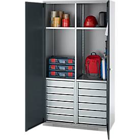 Schäfer Shop Genius Materialschrank FS, 5 OH, abschließbar, 4 Fachböden/12 Schübe, bis 450 kg, B 1055 x T 520 x H 1950 mm, Stahl, weißalu/anthrazitgrau