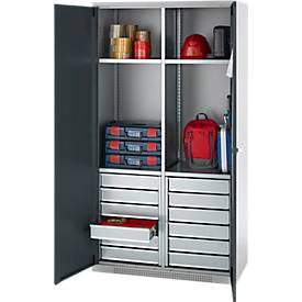 Schäfer Shop Genius Materialschrank FS, 5 OH, abschließbar, 4 Fachböden/12 Schübe, bis 450 kg, B 1055 x T 520 x H 1950 mm, Stahl, weißalu/anthrazitgrau