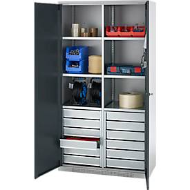 Schäfer Shop Genius Materialschrank FS, 5 OH, abschließbar, 4 Fachböden/12 Schübe, bis 450 kg, B 1055 x T 520 x H 1950 mm, Stahl, weißalu/anthrazitgrau