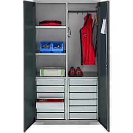 Schäfer Shop Genius Materialschrank FS, 5 OH, abschließbar, 4 Fachböden/12 Schübe, bis 450 kg, B 1055 x T 520 x H 1950 mm, Stahl, weißalu/anthrazitgrau