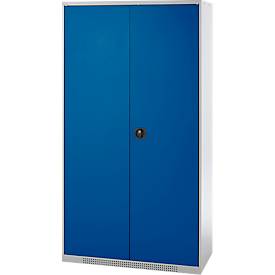 Schäfer Shop Genius Materialschrank FS, 5 OH, abschließbar, 4 Fachböden/12 Schübe, bis 450 kg, B 1055 x T 520 x H 1950 mm, Stahl, weißalu/enzianblau