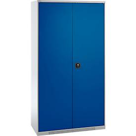 Schäfer Shop Genius Materialschrank FS, 5 OH, abschließbar, 4 Fachböden/12 Schübe, bis 450 kg, B 1055 x T 520 x H 1950 mm, Stahl, weißalu/enzianblau