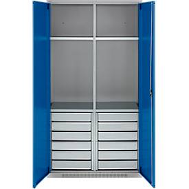 Schäfer Shop Genius Materialschrank FS, 5 OH, abschließbar, 4 Fachböden/12 Schübe, bis 450 kg, B 1055 x T 520 x H 1950 mm, Stahl, weißalu/enzianblau