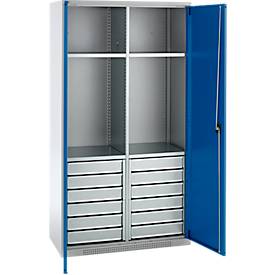 Schäfer Shop Genius Materialschrank FS, 5 OH, abschließbar, 4 Fachböden/12 Schübe, bis 450 kg, B 1055 x T 520 x H 1950 mm, Stahl, weißalu/enzianblau