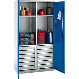 Schäfer Shop Genius Materialschrank FS, 5 OH, abschließbar, 4 Fachböden/12 Schübe, bis 450 kg, B 1055 x T 520 x H 1950 mm, Stahl, weißalu/enzianblau