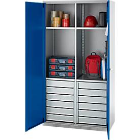 Schäfer Shop Genius Materialschrank FS, 5 OH, abschließbar, 4 Fachböden/12 Schübe, bis 450 kg, B 1055 x T 520 x H 1950 mm, Stahl, weißalu/enzianblau