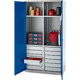 Schäfer Shop Genius Materialschrank FS, 5 OH, abschließbar, 4 Fachböden/12 Schübe, bis 450 kg, B 1055 x T 520 x H 1950 mm, Stahl, weißalu/enzianblau