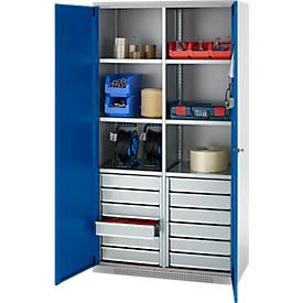 Schäfer Shop Genius Materialschrank FS, 5 OH, abschließbar, 4 Fachböden/12 Schübe, bis 450 kg, B 1055 x T 520 x H 1950 mm, Stahl, weißalu/enzianblau