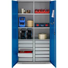 Schäfer Shop Genius Materialschrank FS, 5 OH, abschließbar, 4 Fachböden/12 Schübe, bis 450 kg, B 1055 x T 520 x H 1950 mm, Stahl, weißalu/enzianblau