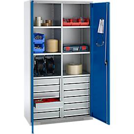 Schäfer Shop Genius Materialschrank FS, 5 OH, abschließbar, 4 Fachböden/12 Schübe, bis 450 kg, B 1055 x T 520 x H 1950 mm, Stahl, weißalu/enzianblau