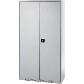 Schäfer Shop Genius Materialschrank FS, 5 OH, abschließbar, 4 Fachböden/12 Schübe, bis 450 kg, B 1055 x T 520 x H 1950 mm, Stahl, weißalu/weißalu