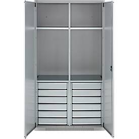 Schäfer Shop Genius Materialschrank FS, 5 OH, abschließbar, 4 Fachböden/12 Schübe, bis 450 kg, B 1055 x T 520 x H 1950 mm, Stahl, weißalu/weißalu