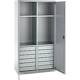 Schäfer Shop Genius Materialschrank FS, 5 OH, abschließbar, 4 Fachböden/12 Schübe, bis 450 kg, B 1055 x T 520 x H 1950 mm, Stahl, weißalu/weißalu