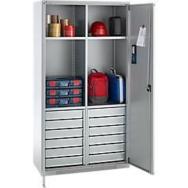 Schäfer Shop Genius Materialschrank FS, 5 OH, abschließbar, 4 Fachböden/12 Schübe, bis 450 kg, B 1055 x T 520 x H 1950 mm, Stahl, weißalu/weißalu