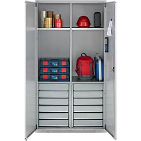Schäfer Shop Genius Materialschrank FS, 5 OH, abschließbar, 4 Fachböden/12 Schübe, bis 450 kg, B 1055 x T 520 x H 1950 mm, Stahl, weißalu/weißalu