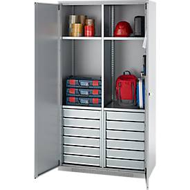 Schäfer Shop Genius Materialschrank FS, 5 OH, abschließbar, 4 Fachböden/12 Schübe, bis 450 kg, B 1055 x T 520 x H 1950 mm, Stahl, weißalu/weißalu