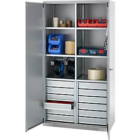 Schäfer Shop Genius Materialschrank FS, 5 OH, abschließbar, 4 Fachböden/12 Schübe, bis 450 kg, B 1055 x T 520 x H 1950 mm, Stahl, weißalu/weißalu