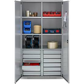 Schäfer Shop Genius Materialschrank FS, 5 OH, abschließbar, 4 Fachböden/12 Schübe, bis 450 kg, B 1055 x T 520 x H 1950 mm, Stahl, weißalu/weißalu