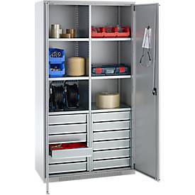 Schäfer Shop Genius Materialschrank FS, 5 OH, abschließbar, 4 Fachböden/12 Schübe, bis 450 kg, B 1055 x T 520 x H 1950 mm, Stahl, weißalu/weißalu