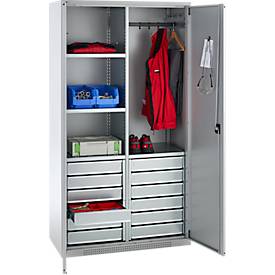 Schäfer Shop Genius Materialschrank FS, 5 OH, abschließbar, 4 Fachböden/12 Schübe, bis 450 kg, B 1055 x T 520 x H 1950 mm, Stahl, weißalu/weißalu