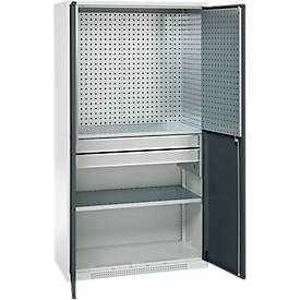 Schäfer Shop Genius Materialschrank FS, 5 OH, abschließbar, Lochrasterwände/2 Schübe/2 Fachböden, bis 450 kg, B 1055 x T 520 x H 1950 mm, lichtgrau/anthrazitgrau + Gratis Einsatzkastenset-24 tlg.
