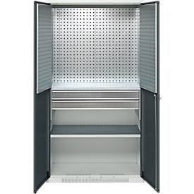 Schäfer Shop Genius Materialschrank FS, 5 OH, abschließbar, Lochrasterwände/2 Schübe/2 Fachböden, bis 450 kg, B 1055 x T 520 x H 1950 mm, lichtgrau/anthrazitgrau + Gratis Einsatzkastenset-24 tlg.