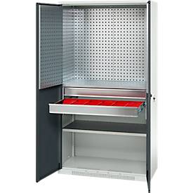 Schäfer Shop Genius Materialschrank FS, 5 OH, abschließbar, Lochrasterwände/2 Schübe/2 Fachböden, bis 450 kg, B 1055 x T 520 x H 1950 mm, lichtgrau/anthrazitgrau + Gratis Einsatzkastenset-24 tlg.