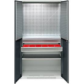 Schäfer Shop Genius Materialschrank FS, 5 OH, abschließbar, Lochrasterwände/2 Schübe/2 Fachböden, bis 450 kg, B 1055 x T 520 x H 1950 mm, lichtgrau/anthrazitgrau + Gratis Einsatzkastenset-24 tlg.