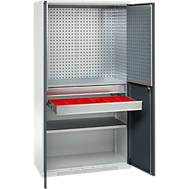 Schäfer Shop Genius Materialschrank FS, 5 OH, abschließbar, Lochrasterwände/2 Schübe/2 Fachböden, bis 450 kg, B 1055 x T 520 x H 1950 mm, lichtgrau/anthrazitgrau + Gratis Einsatzkastenset-24 tlg.