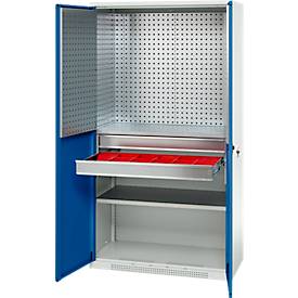 Schäfer Shop Genius Materialschrank FS, 5 OH, abschließbar, Lochrasterwände/2 Schübe/2 Fachböden, bis 450 kg, B 1055 x T 520 x H 1950 mm, lichtgrau/enzianblau + Gratis Einsatzkastenset-24 tlg.